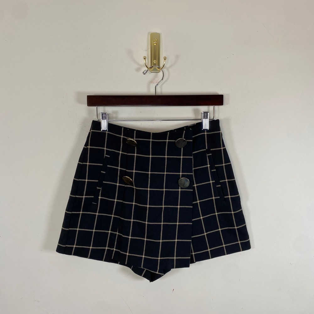 Zara Skort Black Beige Plaid Checkered Mini Skirt Shorts Button Front Small Prep